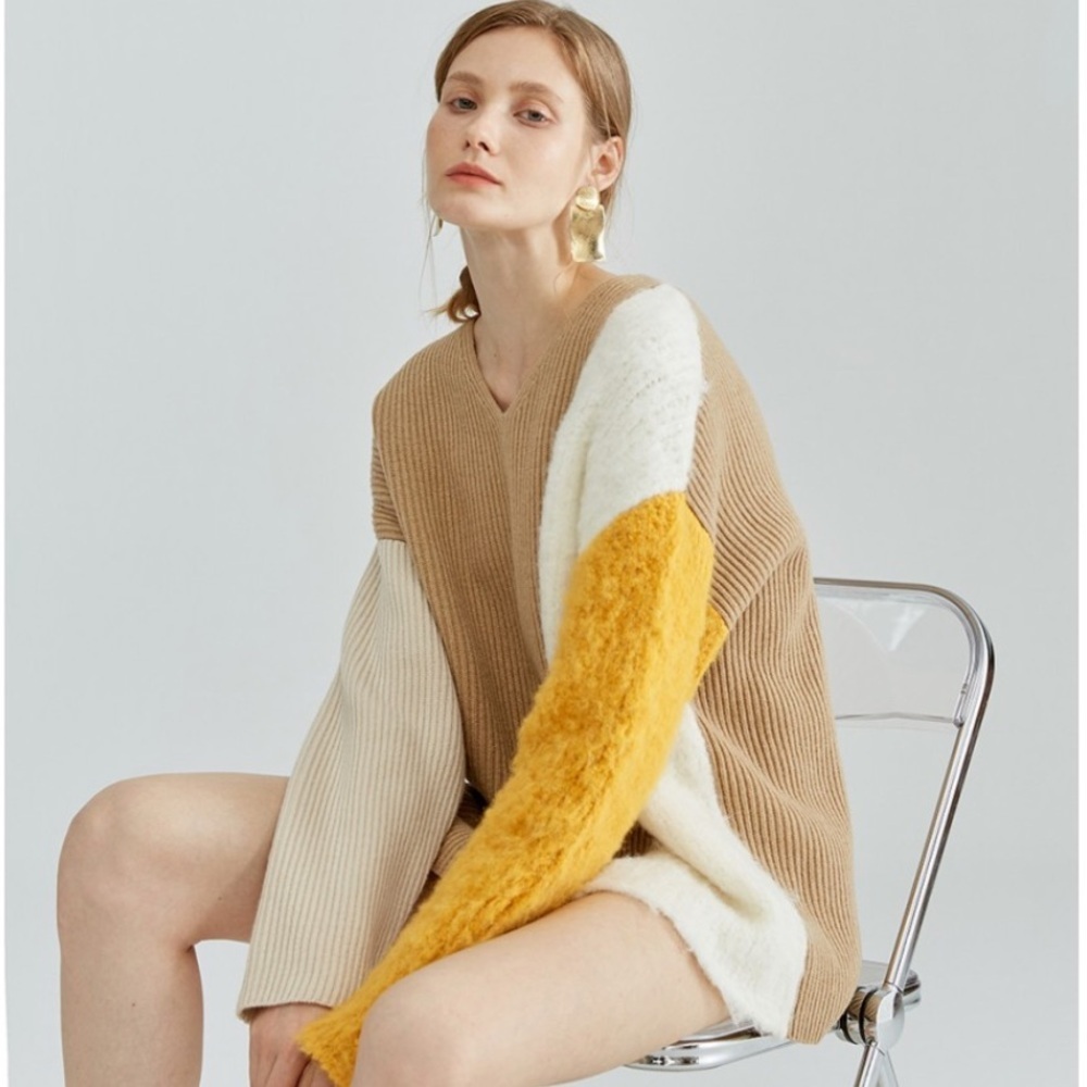 ✨ Rumia Wool Contrast Two Tone Sweater Pullover Top